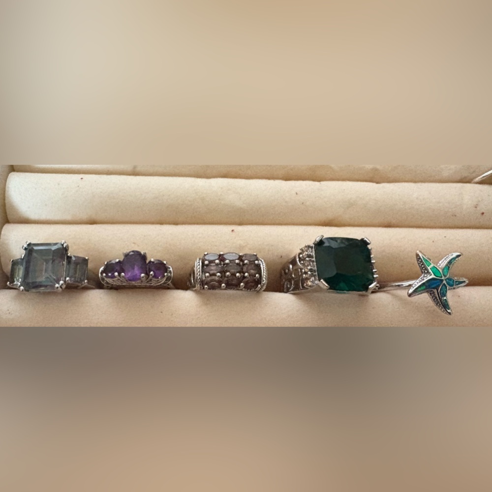 Ring Lot. Amethyst, Smokey Topaz, Turquoise, and Aurora  Borealis